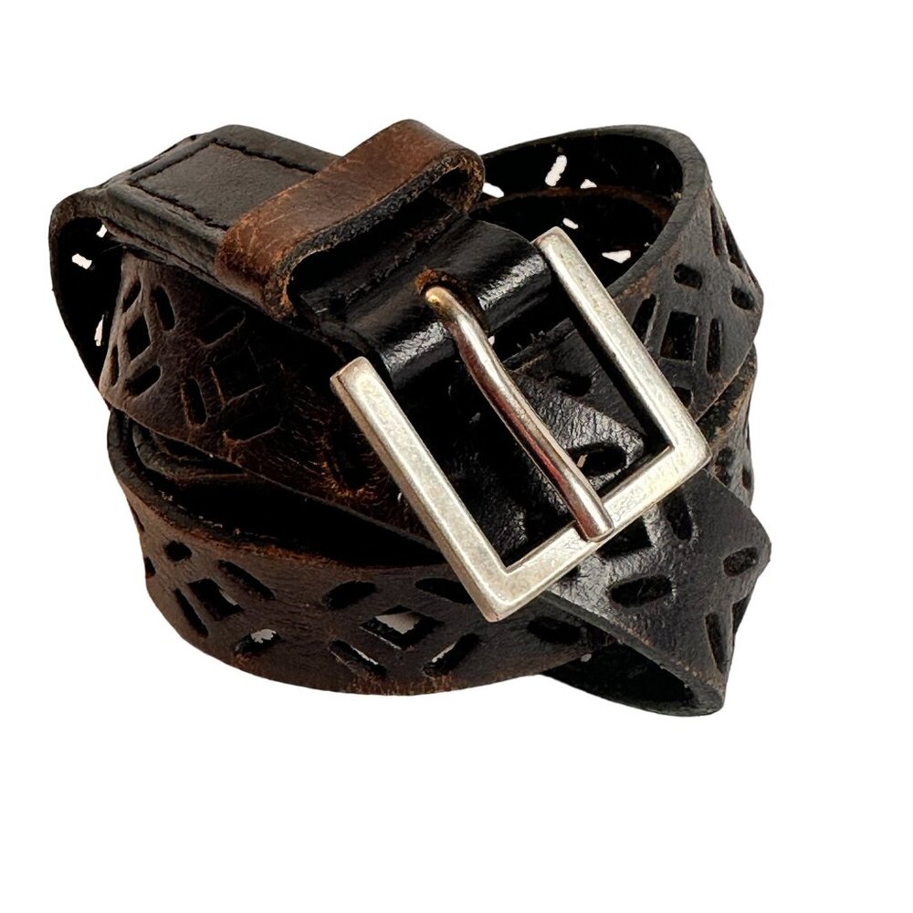 Vintage Brown Leather Belt With Cut-Out Design & Metal Buckle 42in long - Picture 2 of 8